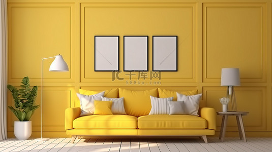 室内渲染图背景图片_黄色客厅的 3D 渲染图，配有舒适的沙发小台灯和光滑的白色框架