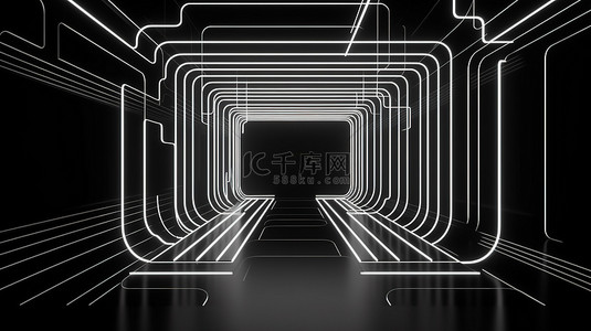 黑白霓虹抽象发光几何线隧道和带霓虹灯的虚拟现实讲台