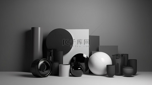 工作室拍摄的产品展示背景为黑灰色和白色主题 3D 渲染图像与抽象设计
