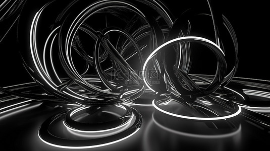 黑白运动线条背景图片_以 3d 呈现的霓虹灯黑白抽象背景的插图