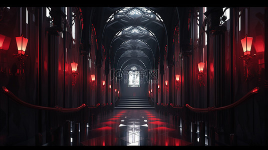 奢华装饰背景图片_3d 渲染中的建筑人行道具有黑色走廊和装饰着拱门和醒目的红地毯的长隧道