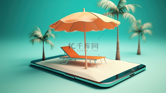 雨伞背景图片_手机大小的棕榈天堂 3D 渲染热带岛屿，配有棕榈树躺椅和雨伞