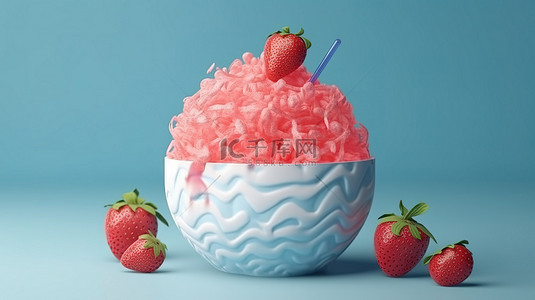 韩国刨冰甜点的卡通风格 3D 渲染，草莓顶部非常适合清爽的夏日款待