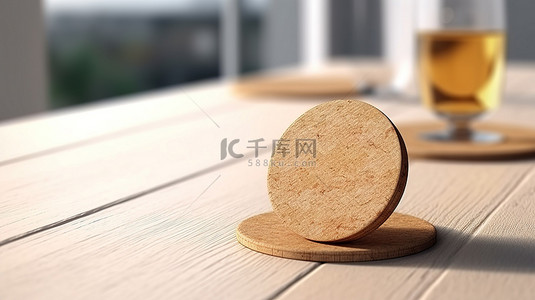 白色木桌上圆形软木垫啤酒杯垫模型的 3D 渲染