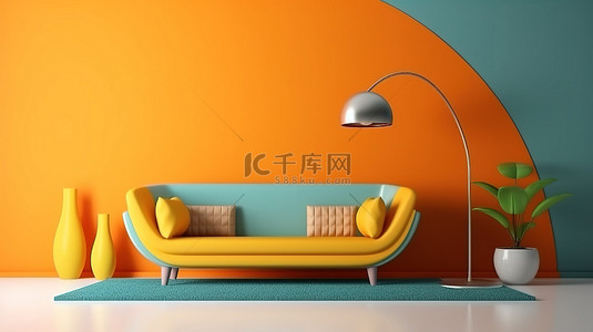 充满活力的休息区，配有橙色沙发黄色墙壁和蓝色拱门，现代 3D 室内设计