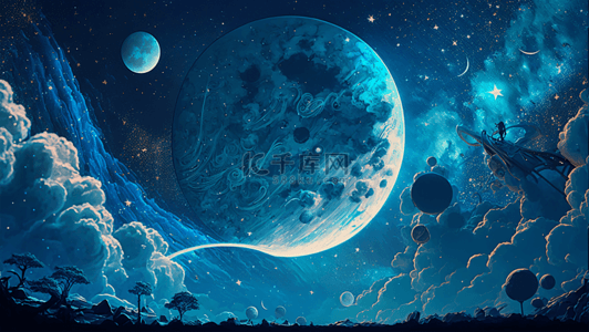 星空插画海报背景图片_月亮蓝色星空唯美治愈背景