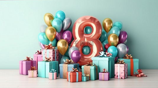 周年祝福背景图片_用气球和礼品盒庆祝 85 周年节日生日庆典的 3D 渲染