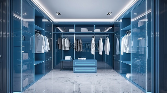蓝色酒店背景图片_现代玻璃步入式衣橱，带蓝色点缀 3D 渲染