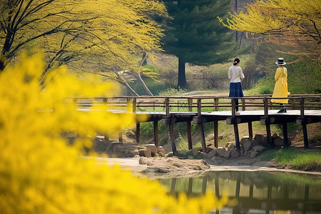 一个人走过的池塘之间的桥