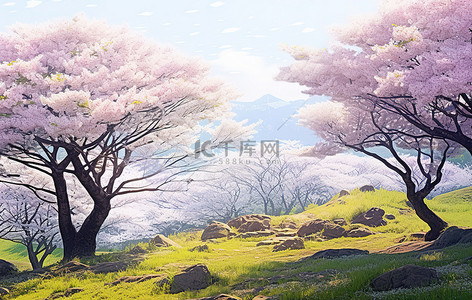 自然风景区背景图片_樱花树和鲜花盛开的风景区