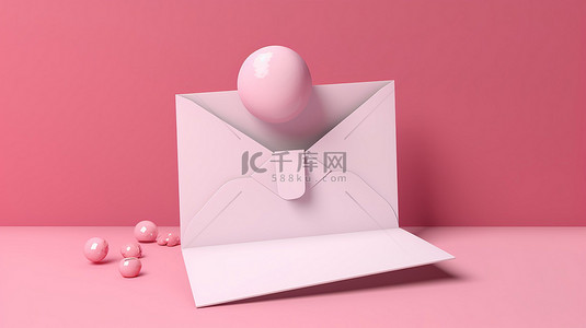 通过打开的粉色信封在 3D 渲染的粉色背景下可见空白卡