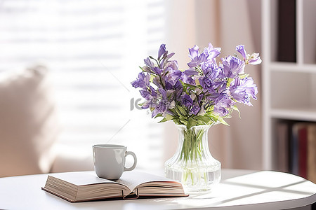 桌子花瓶背景图片_有书和书架的紫色花