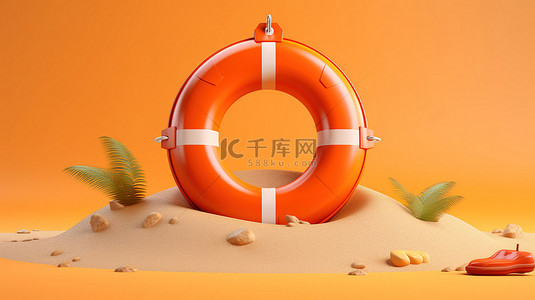橙色波浪上方救生圈悬浮的 3D 渲染，用于夏季海滩救援