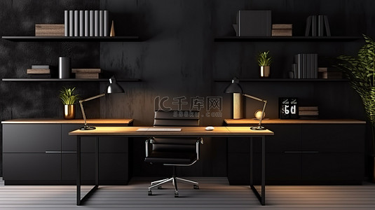 电脑办公桌面背景图片_办公桌上配有模型笔记本电脑的当代黑暗办公空间的 3D 渲染