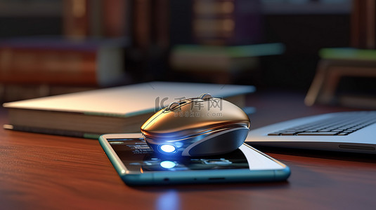 手机和电脑屏幕上书籍和鼠标的虚拟学习 3D 渲染
