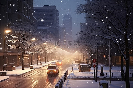 夜景道路背景图片_冬天，道路上有积雪的城市