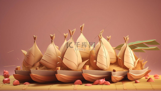 龙舟上的卡通粽子背景图片_端午节龙舟上的粽子美食
