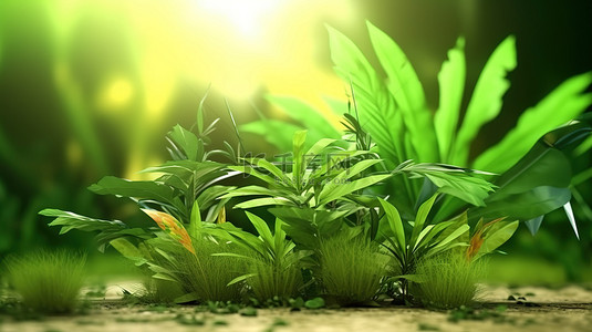 环境生态背景图片_生态环境中郁郁葱葱的绿色植物的热带夏季场景 3D 插图