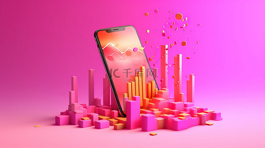粉红色背景下智能手机上投资营销分析图表的 3D 渲染