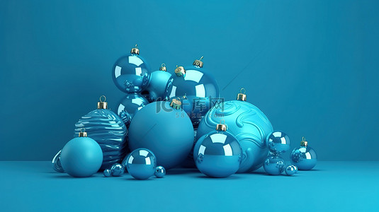 蓝色背景使 3D 渲染的圣诞装饰栩栩如生