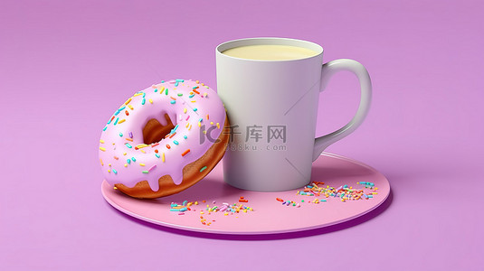 带有彩色甜甜圈和牛奶杯的柔和紫色背景的 3D 渲染