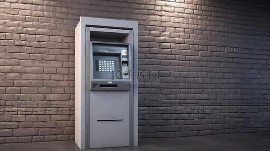 银行柜员背景图片_砖墙背景 3D 渲染 ATM 机在银行发放现金