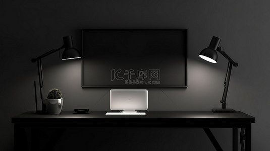 办公室工作室的 3D 渲染，笔记本电脑上有白屏模型，台灯在当代黑暗环境中