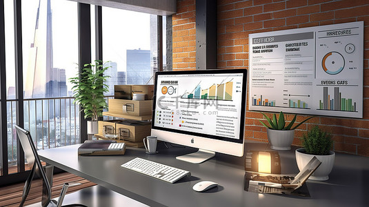 在线开公司背景图片_屏幕 3D 渲染的办公室桌面上的数字营销网站