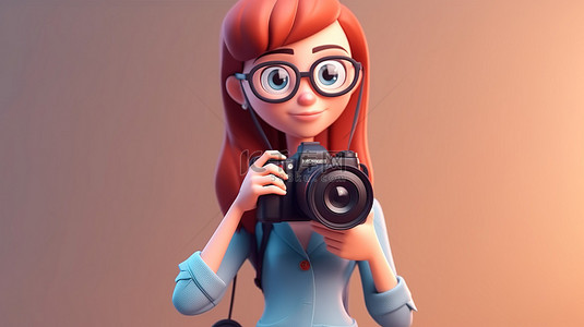 成功女性背景图片_卡通女人用相机捕捉瞬间引人注目的 3D 插图