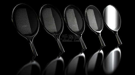娱乐海报背景图片_乒乓球中的团队合作五个球拍在令人惊叹的黑色背景 3D 插图与复制空间