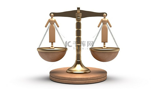 男性和女性符号在白色背景下在基本体重秤上保持平衡的 3D 渲染