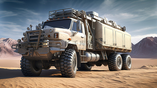 一辆坚固的卡车的 3D 插图，配备用于挑战遥远的探险