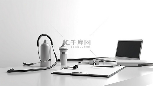 医生办公桌上带有医疗剪贴板听诊器和空白纸的白色背景的 3D 渲染