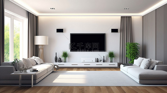 客厅书房背景图片_带宽屏电视 3D 渲染的现代白色客厅