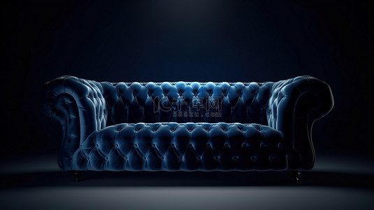 蓝色背景上隔离的 3D 渲染豪华蓝色丝绒沙发