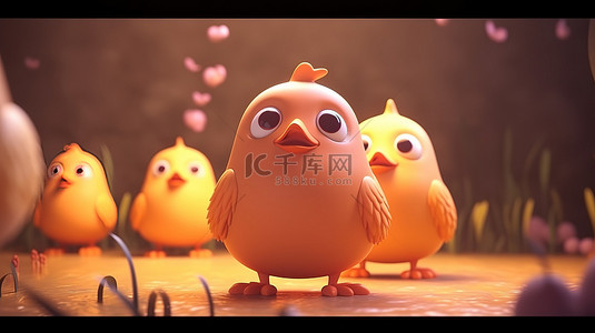 农场有动物的背景图片_3D 插图中可爱的卡通人物卡哇伊小鸡