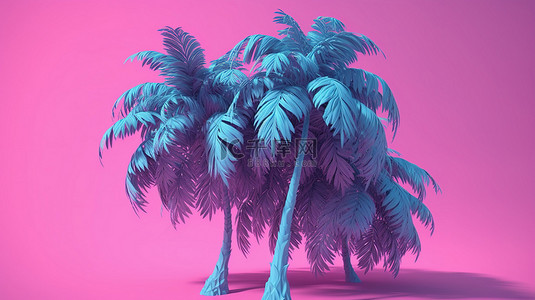 粉红色背景突出显示双色调蓝色热带棕榈树 3d 渲染