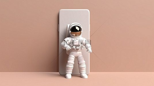 宇航员手中的空白屏幕智能手机模板现代时尚的模型