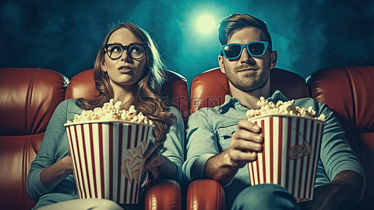 一对兴奋的情侣戴着 3D 眼镜，拿着爆米花桶，坐在沙发上看电影