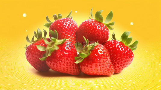 黄色背景下草莓艺术拼贴的 3D 插图