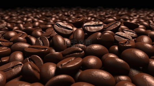 咖啡豆中烘背景图片_深色背景的 3D 渲染中逼真的大量新鲜烘焙咖啡豆