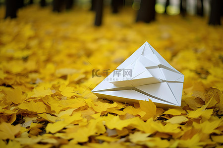 落背景图片_一个L形的邮件信封，放在一堆黄色和白色的秋叶上