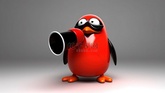 拿着红色扩音器的胖企鹅的 3d 渲染