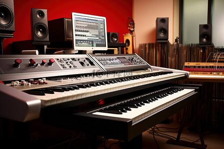 录音间背景图片_一间配有钢琴架和木桌上录音机的工作室