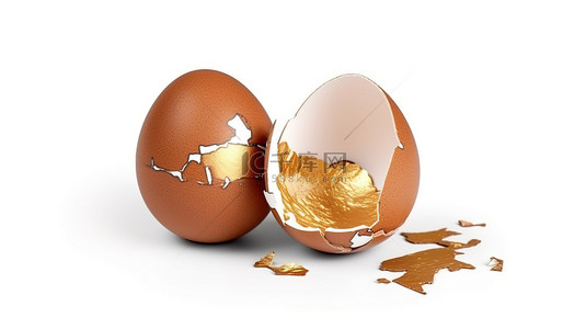 破裂鸡蛋背景图片_3D 渲染的白色空间中破碎的棕色鸡蛋