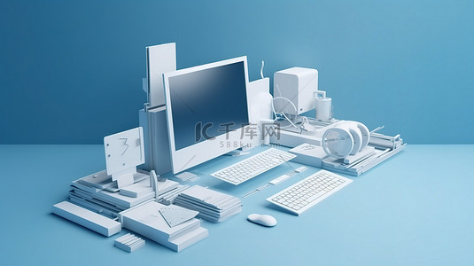 蓝色背景上漂浮在 3D 渲染中的办公工具和笔记本电脑