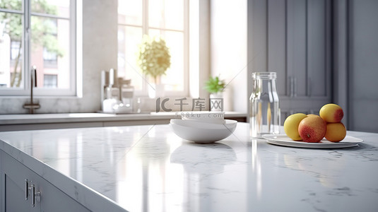 白色台面特写完美适合模糊明亮的现代厨房背景上的 3D 蒙太奇