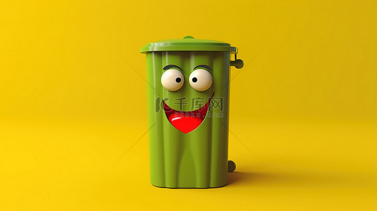 黄色背景，带有 3D 渲染的绿色回收标志和持有红心的垃圾桶吉祥物