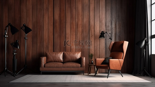木质摄影背景图片_舒适的摄影工作室设置，配有木质背景柔光箱照明和舒适的扶手椅