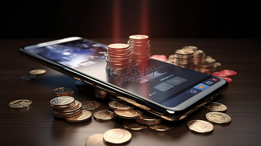 账单背景图片_在线购物 3d 呈现的概念，具有智能手机硬币账单信用卡和在线商店背景